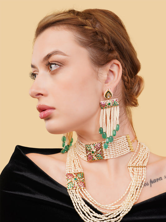 Green and Gold Jadau work earring with meenakari in drop shaped kundan tikra from Dugristyle Ruhaniyat By Dugran