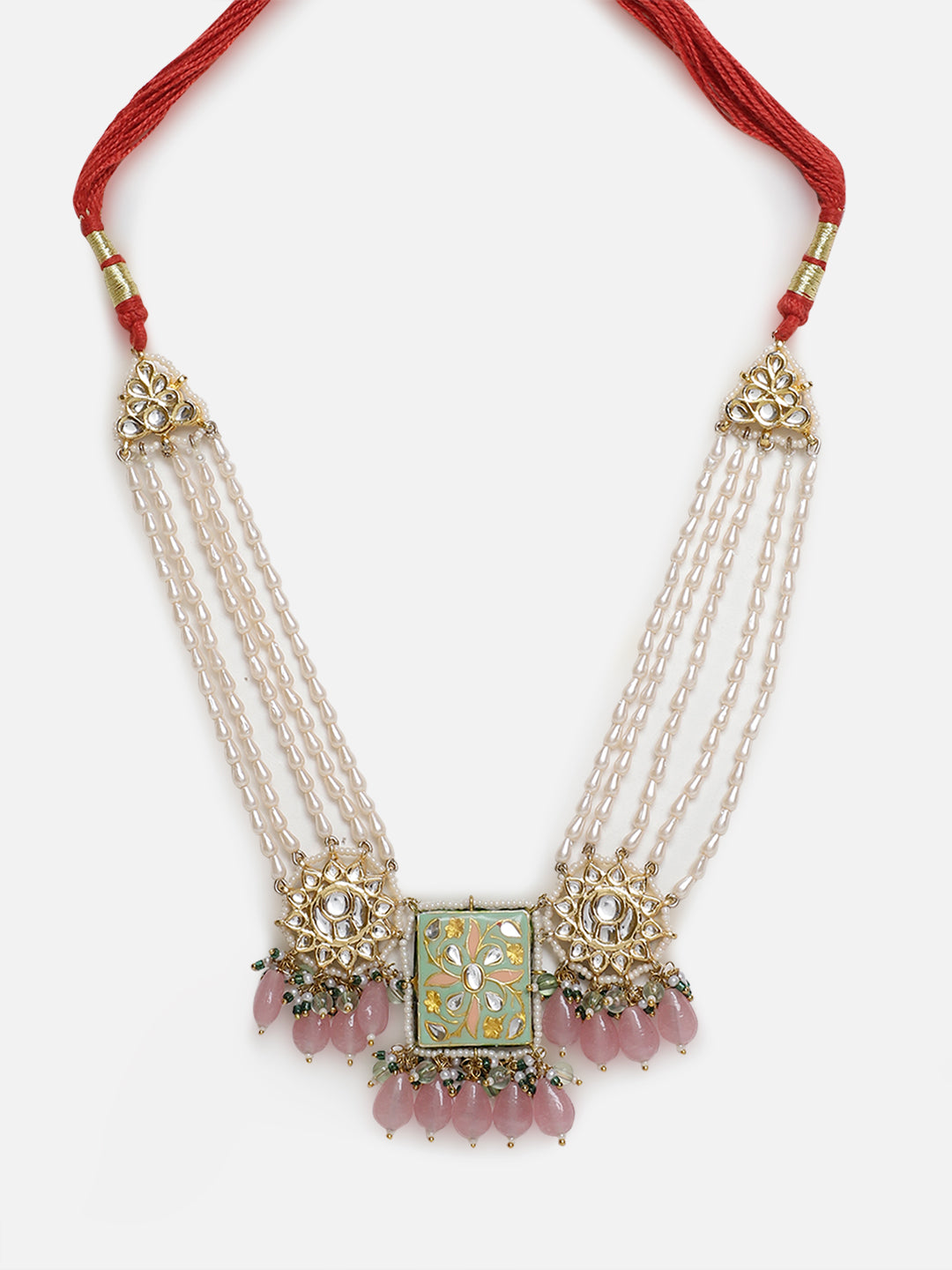 Meenakari Necklace with Pearls String and Adjustable Dori and Circle Shaped Kundan