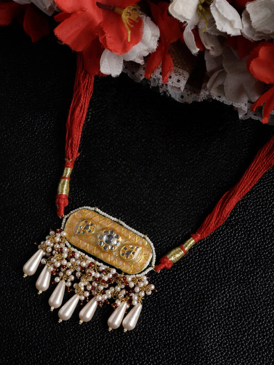 Peach and Red Meenakari Necklace with Adjustable Dori and Multi Color Pearl Hangings from Dugristyle Ruhaniyat By Dugran