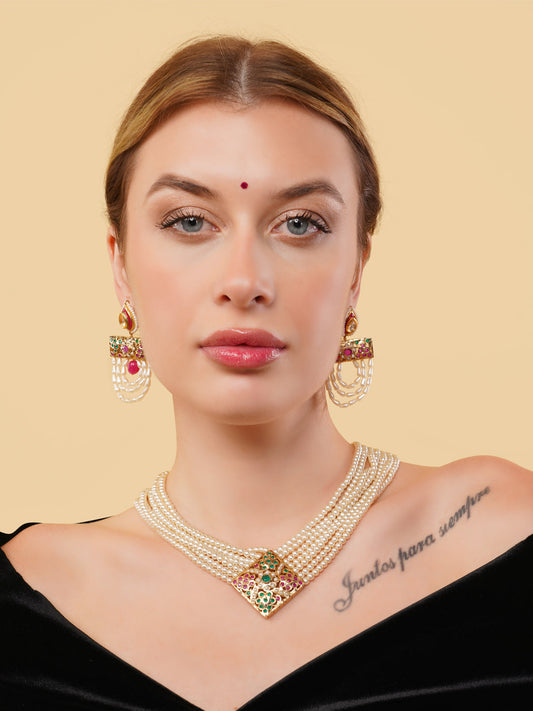 White and Red Jadau Necklace with open box clasp closure and stone lines from Dugristyle Ruhaniyat By Dugran