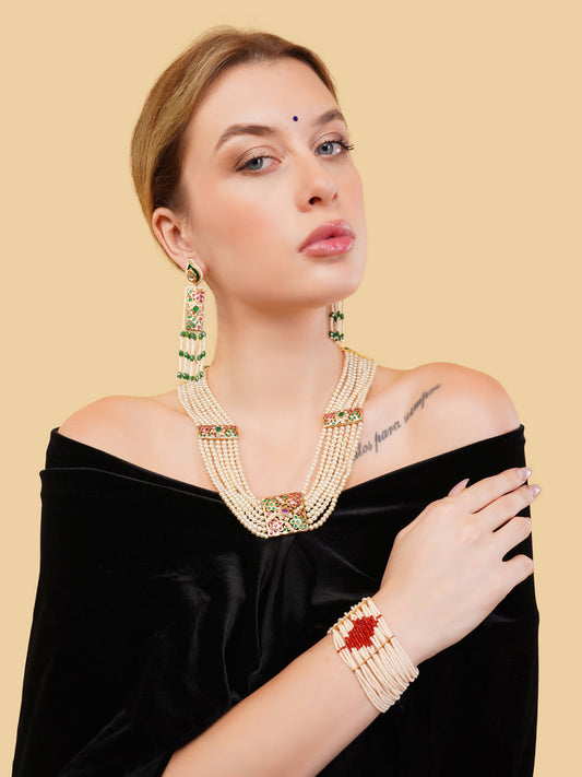 Green and Red Jadau Necklace with pearls lines and handmade adjustable dori from Dugristyle Ruhaniyat By Dugran