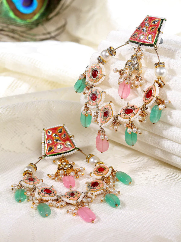 Wine ChandBali Earring Red White Kundan Pearl Chand Bali Earrings With American Diamond
