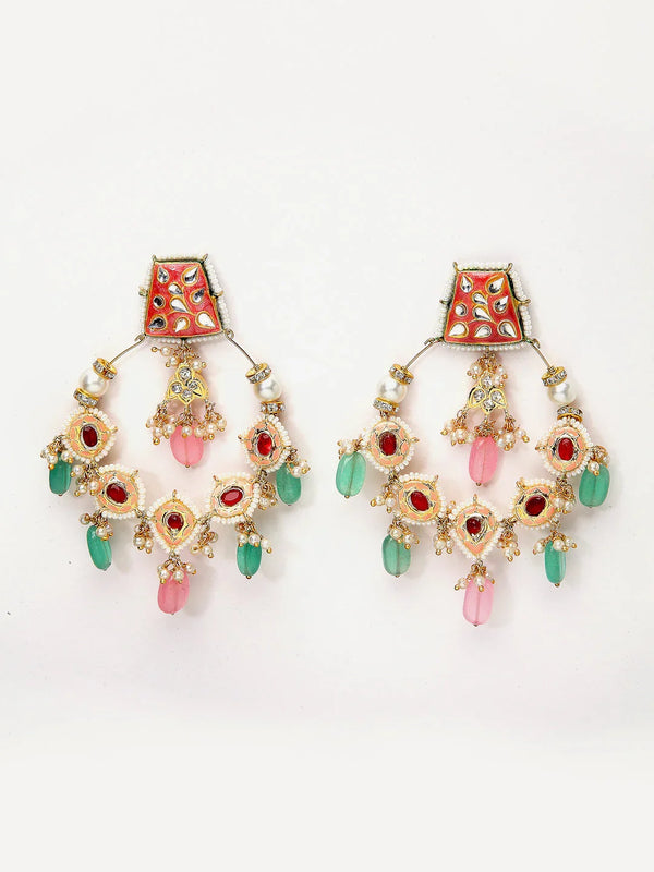 Wine ChandBali Earring Red White Kundan Pearl Chand Bali Earrings With American Diamond