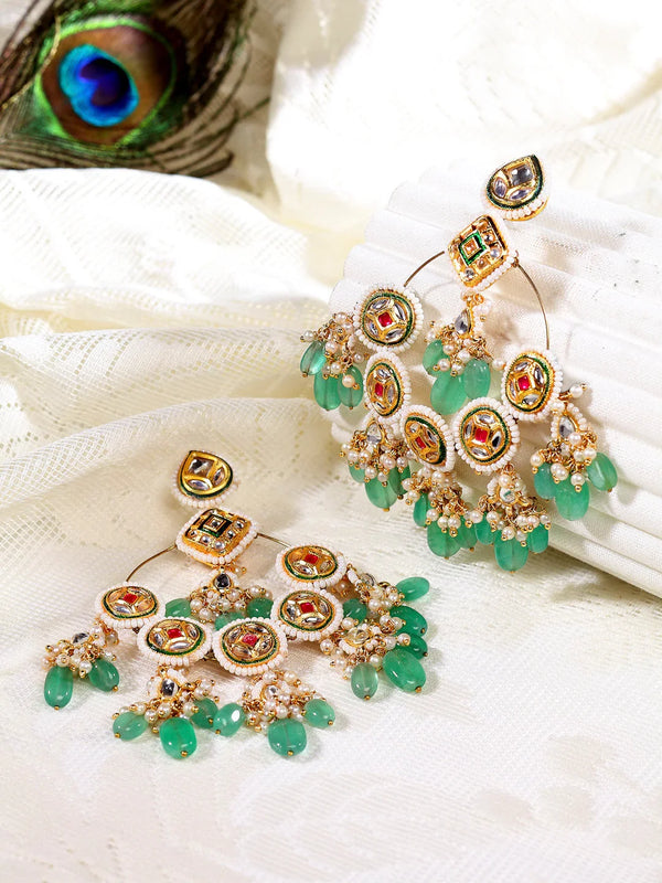 Raspberry ChandBali Earring Red Kundan Pearl Chand Bali Earrings With Faux Ruby & Emerald