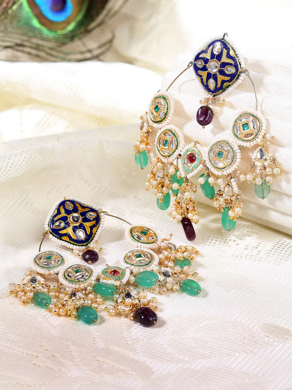 Cerulean Charm ChandBali Earring Blue Green Kundan Pearl Chand Bali Earrings