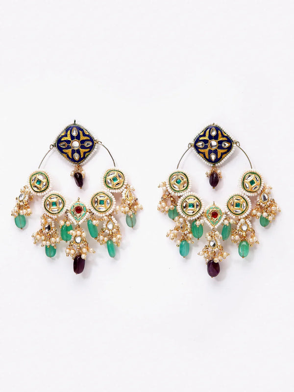 Cerulean Charm ChandBali Earring Blue Green Kundan Pearl Chand Bali Earrings