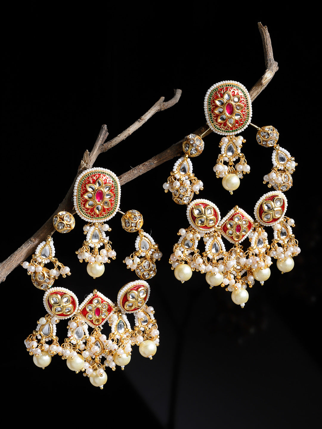 Red and White Kundan Chandbala Earring from Dugristyle Ruhaniyat By Dugran
