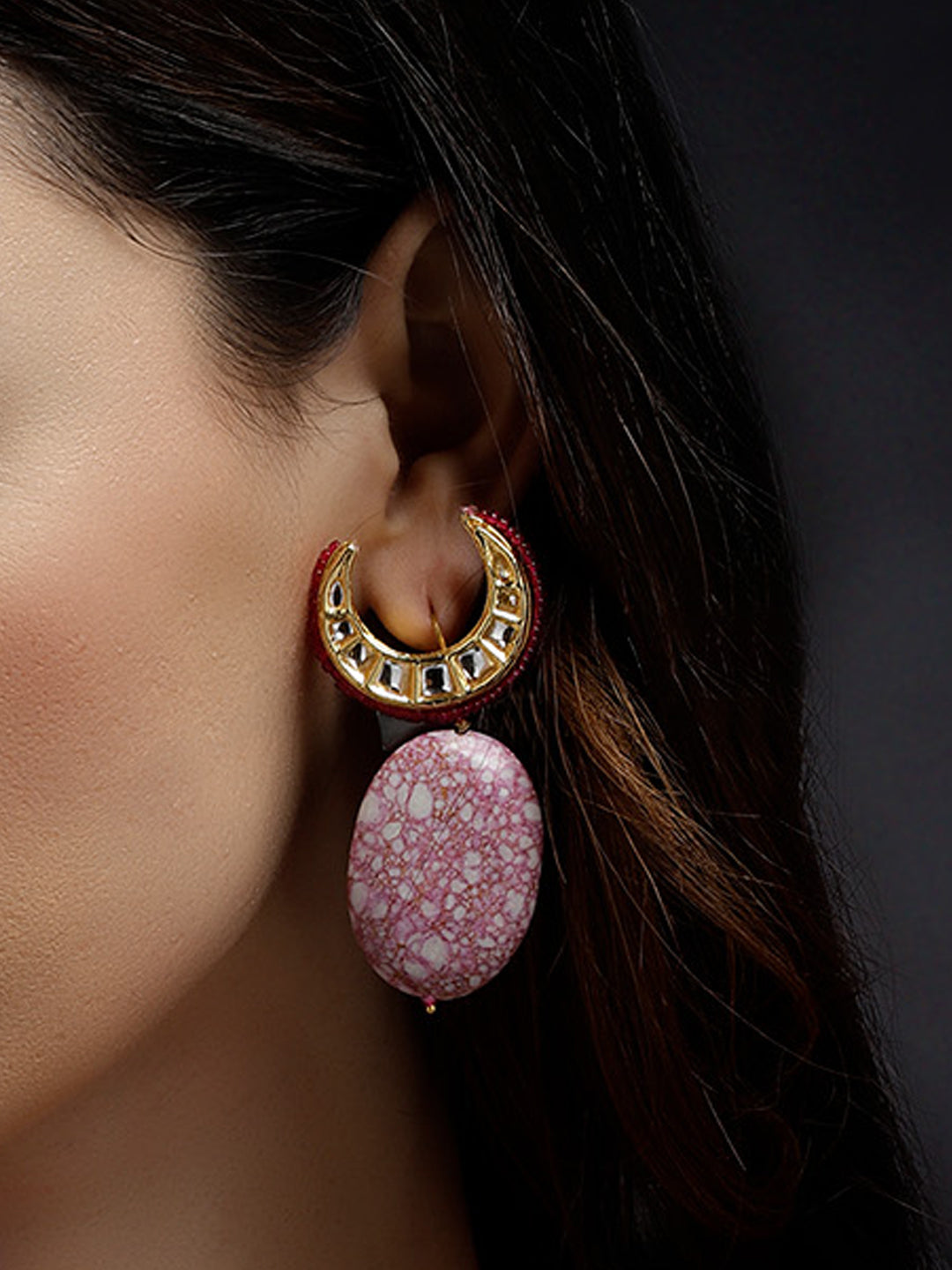 Kundan Earring with Natural Stones Hangings and Pink Highlight