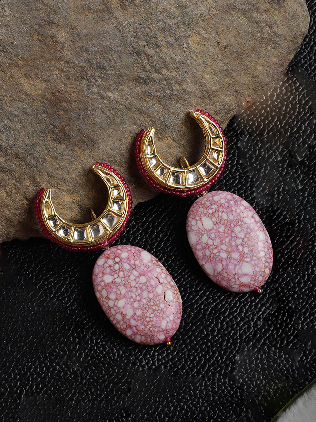 Kundan Earring with Natural Stones Hangings and Pink Highlight