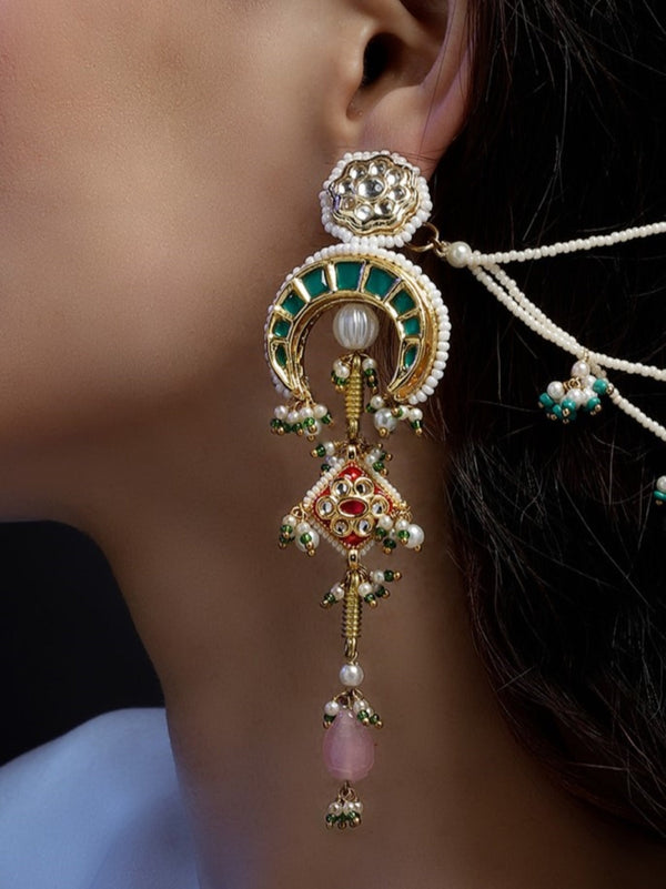 Harra Sitara Drop Earring Green Long Kundan Drop Earrings With Faux Emerald