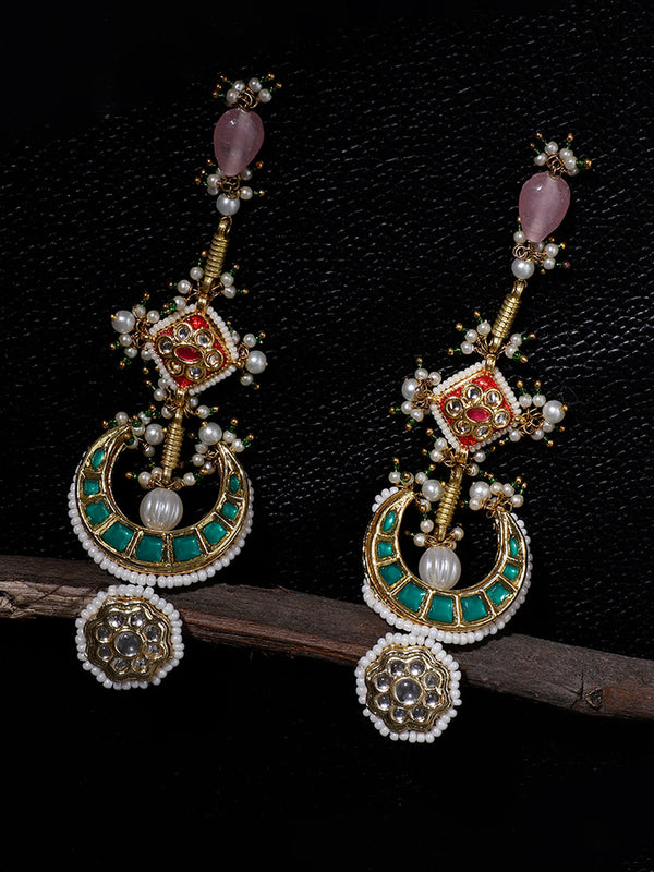 Harra Sitara Drop Earring Green Long Kundan Drop Earrings With Faux Emerald