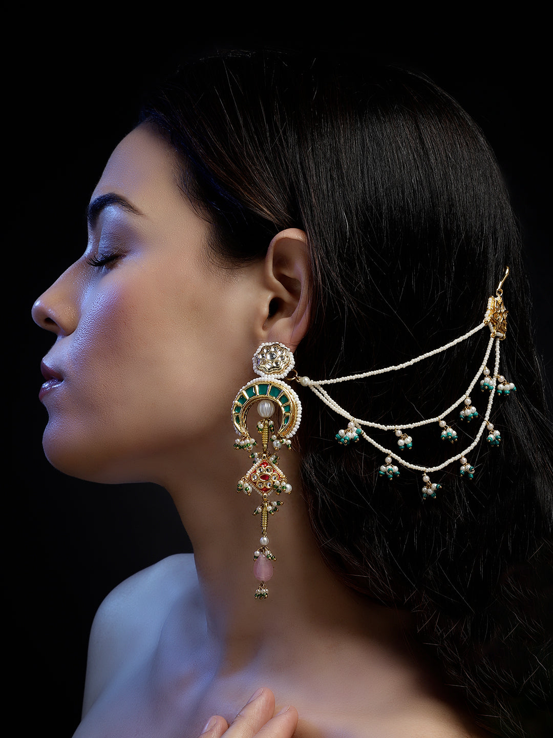 Green and Pink Long Kundan Earring from Dugristyle Ruhaniyat By Dugran