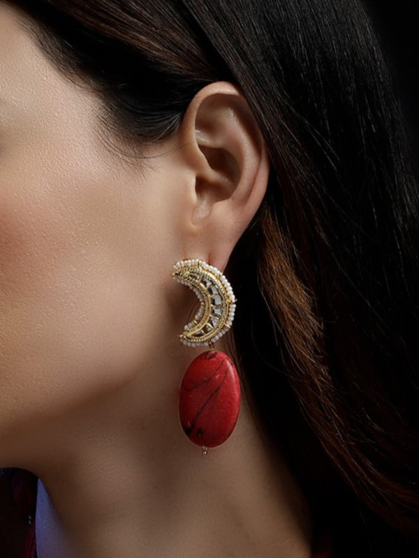 Anar-e-Naqsh Drop Earring Red Kundan Natural Stone Drop Earrings
