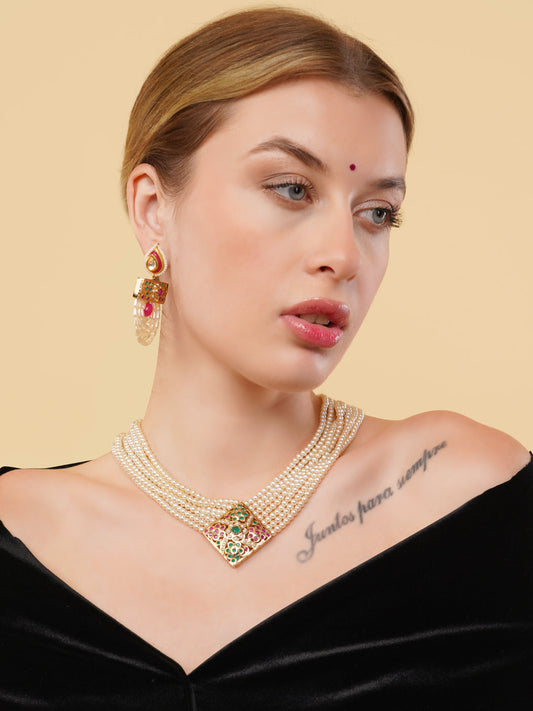 Pink and Green Jadau Earring with Pearl work and kundan touch from Dugristyle Ruhaniyat By Dugran