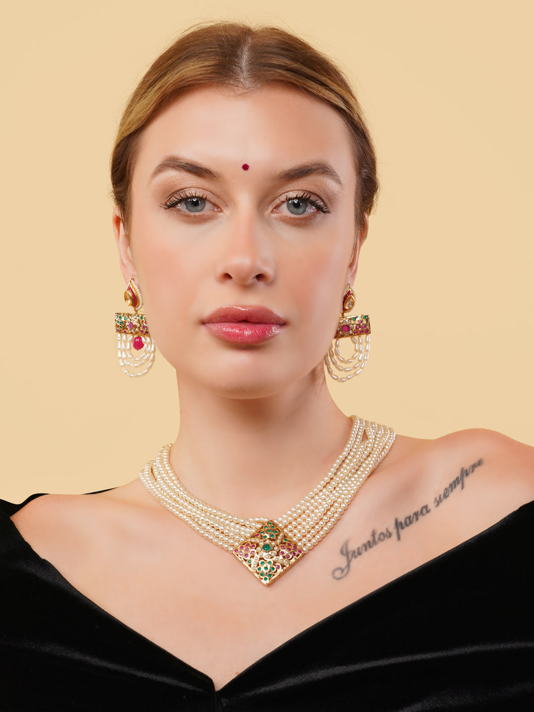 Pink and Green Jadau Earring with Pearl work and kundan touch from Dugristyle Ruhaniyat By Dugran