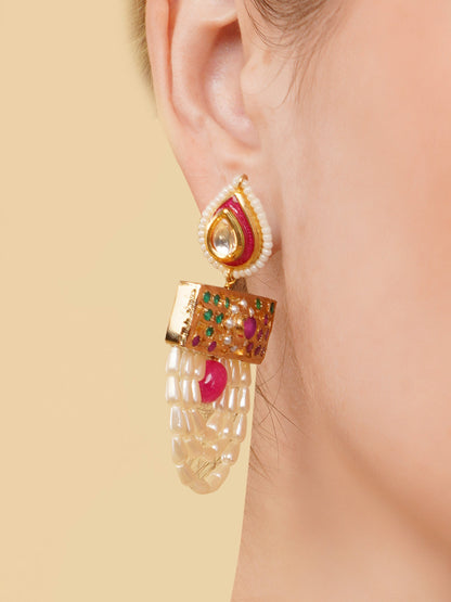 Pink and Green Jadau Earring with Pearl work and kundan touch from Dugristyle Ruhaniyat By Dugran