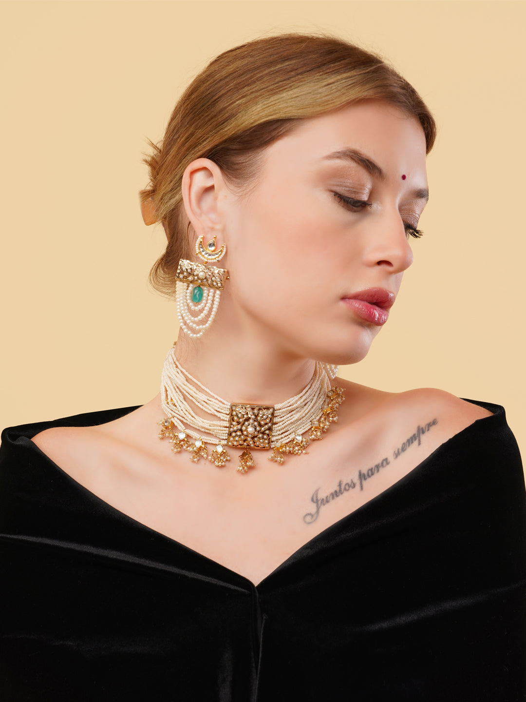 Green and Gold Jadau work earring with chand shaped kundan tikra from Dugristyle Ruhaniyat By Dugran