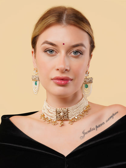 Green and Gold Jadau work earring with chand shaped kundan tikra from Dugristyle Ruhaniyat By Dugran