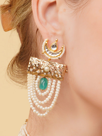 Green and Gold Jadau work earring with chand shaped kundan tikra from Dugristyle Ruhaniyat By Dugran