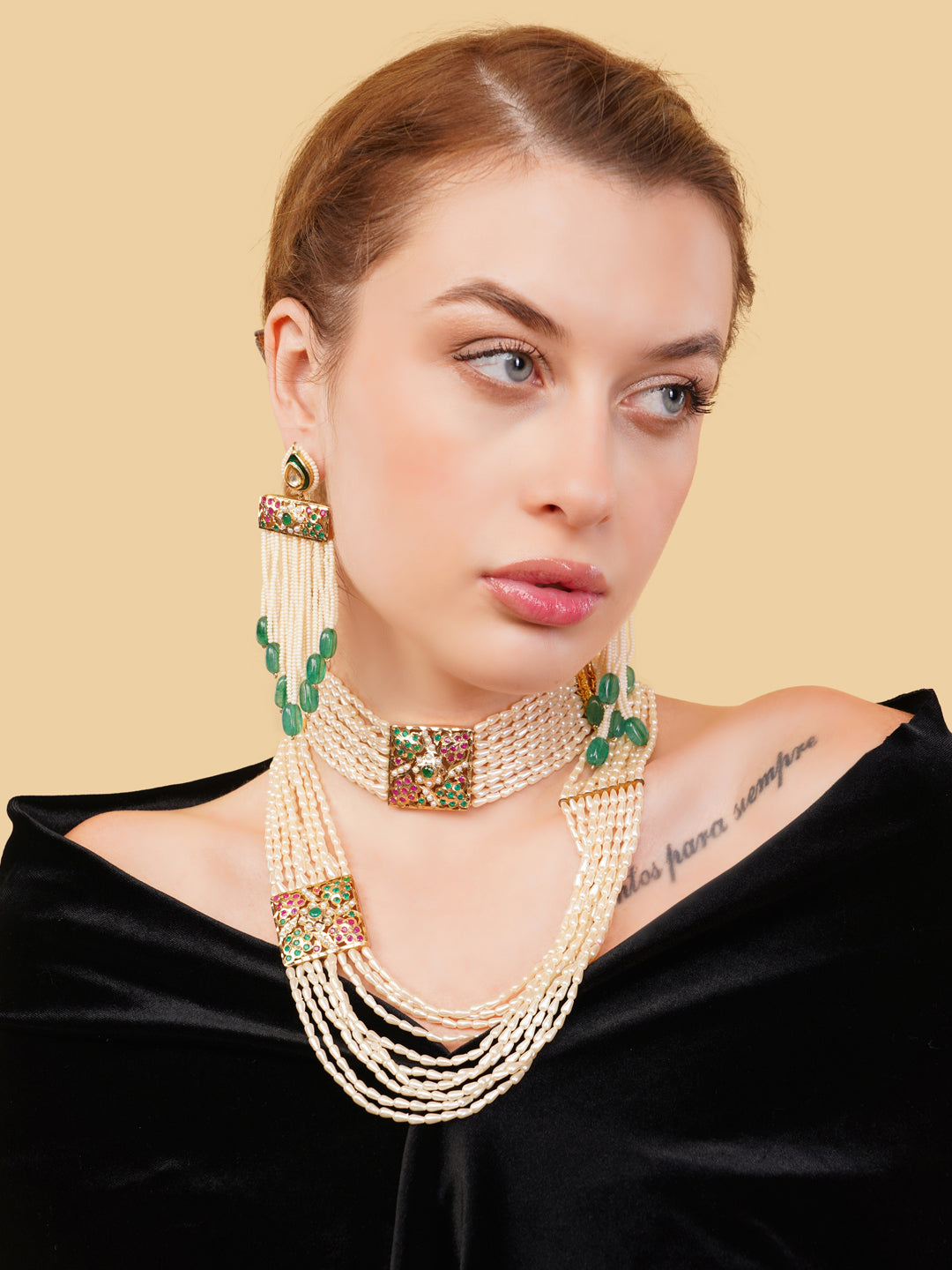 Green and Gold Jadau work earring with meenakari in drop shaped kundan tikra from Dugristyle Ruhaniyat By Dugran