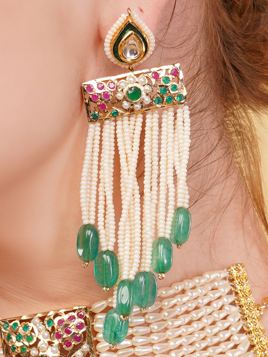 Green and Gold Jadau work earring with meenakari in drop shaped kundan tikra from Dugristyle Ruhaniyat By Dugran