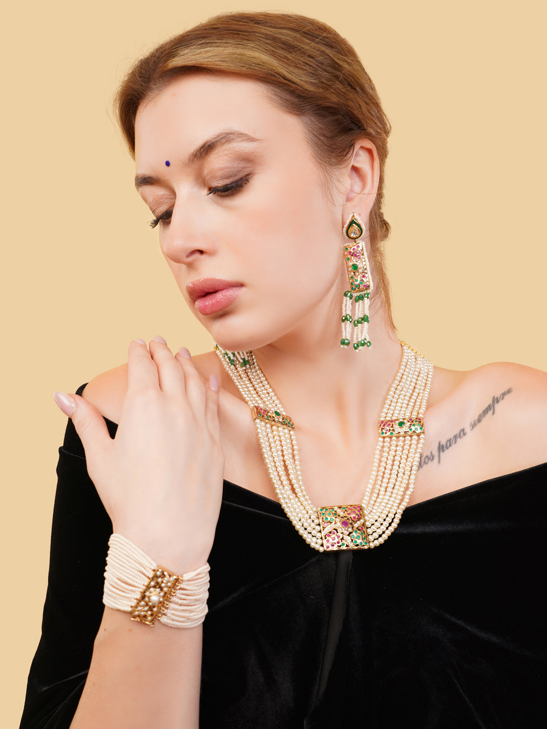 Green and Gold Jadau Earring with kundan drop shaped tikra and meenakari touch from Dugristyle Ruhaniyat By Dugran
