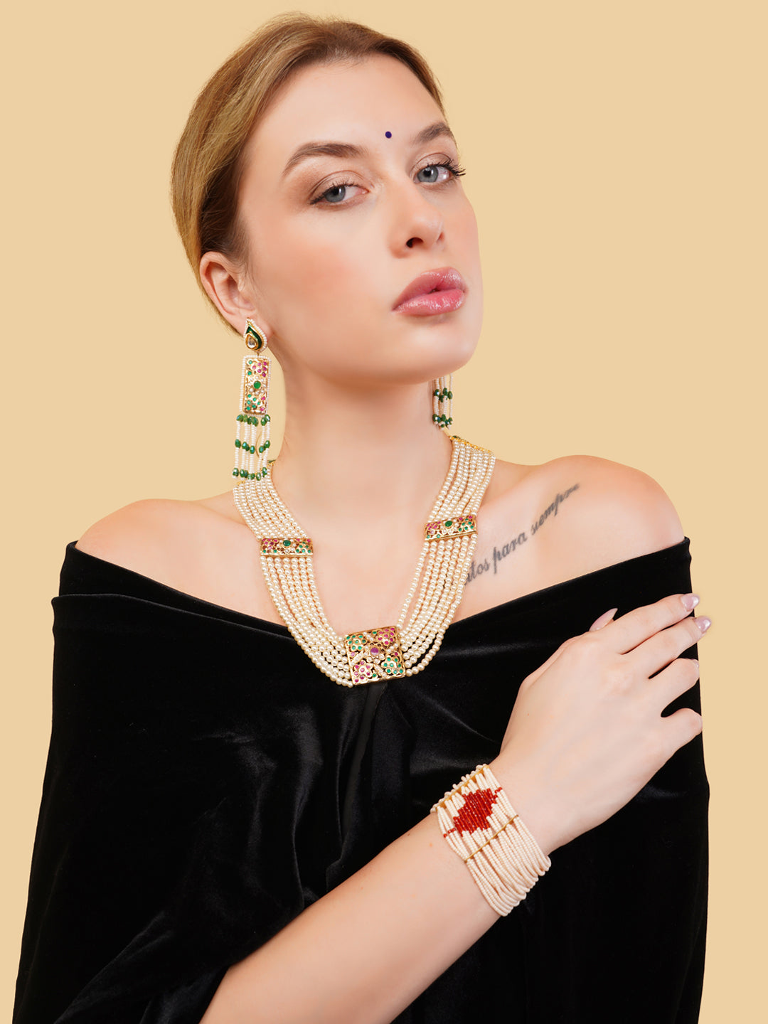 Green and Gold Jadau Earring with kundan drop shaped tikra and meenakari touch from Dugristyle Ruhaniyat By Dugran