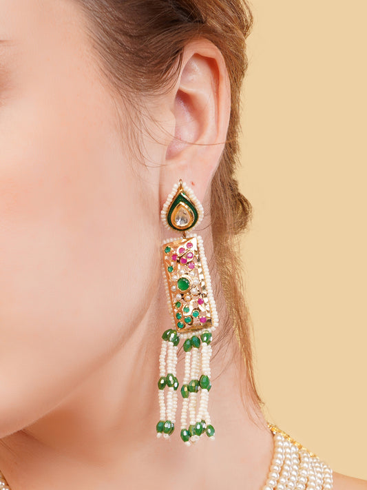 Jadau Earring with kundan drop shaped tikra and meenakari touch