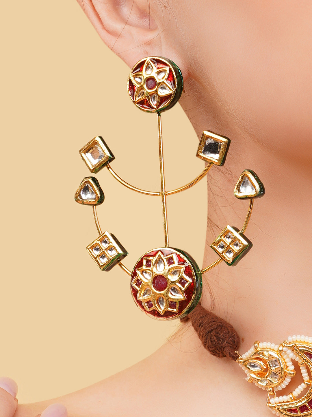 Red and Gold Kundan Earring with adjustable design options from Dugristyle Ruhaniyat By Dugran