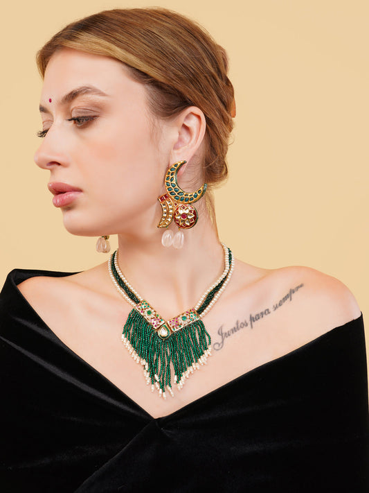Green and Red Chand Shaped kundan earringwith natural stone work from Dugristyle Ruhaniyat By Dugran