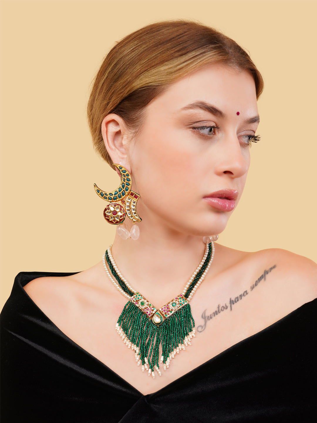 Green and Red Chand Shaped kundan earringwith natural stone work from Dugristyle Ruhaniyat By Dugran