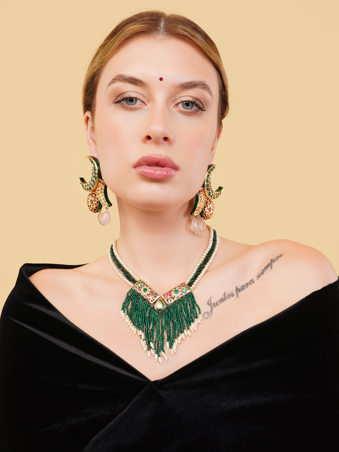 Chand Shaped kundan earringwith natural stone work