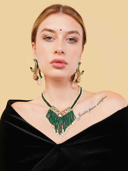 Green and Red Chand Shaped kundan earringwith natural stone work from Dugristyle Ruhaniyat By Dugran