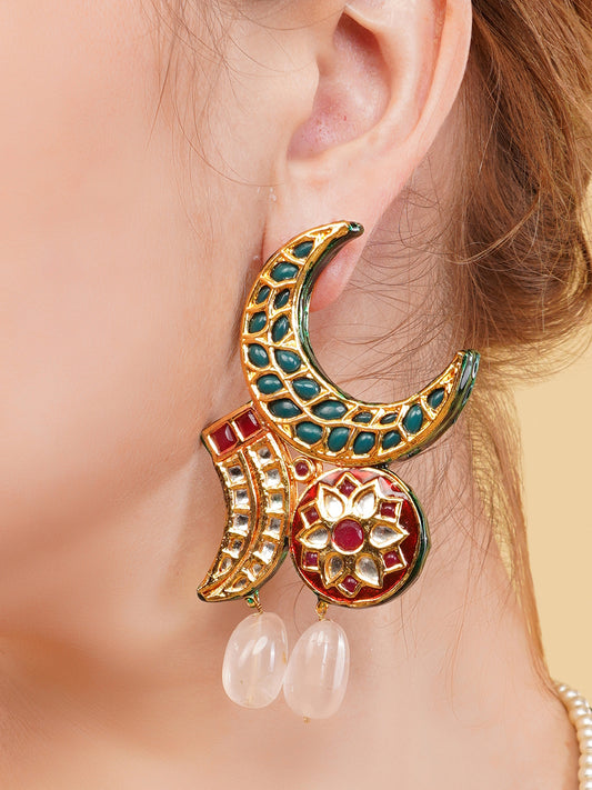 Chand Shaped kundan earringwith natural stone work