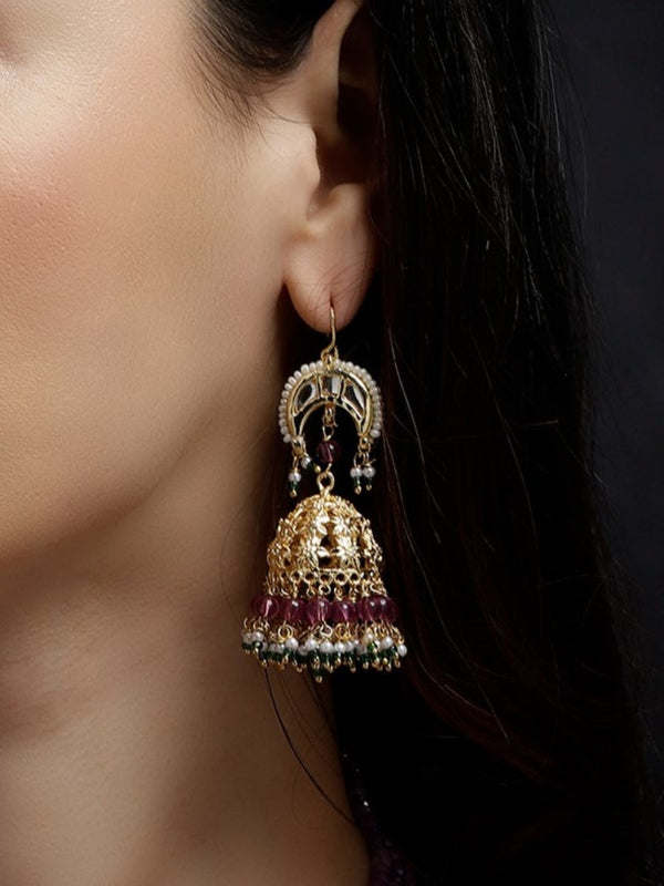 Roshni-e-Gul Jhumka Pink Kundan Jhumka Earrings With Faux Emerald