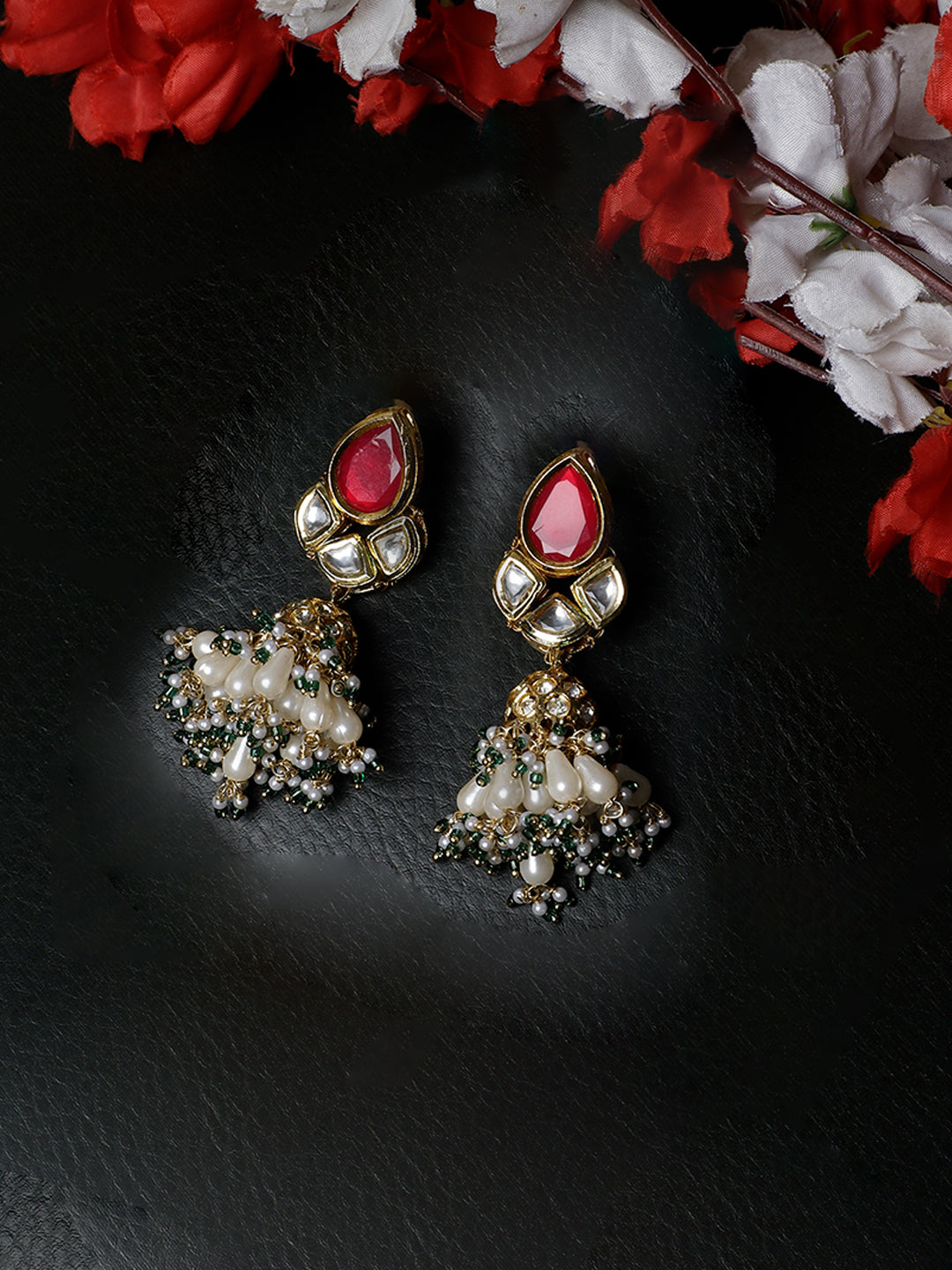 Red and Green AD and Kundan Earring from Dugristyle Ruhaniyat By Dugran
