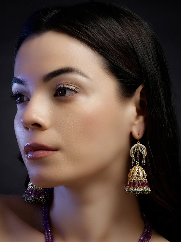 Roshni-e-Gul Jhumka Pink Kundan Jhumka Earrings With Faux Emerald