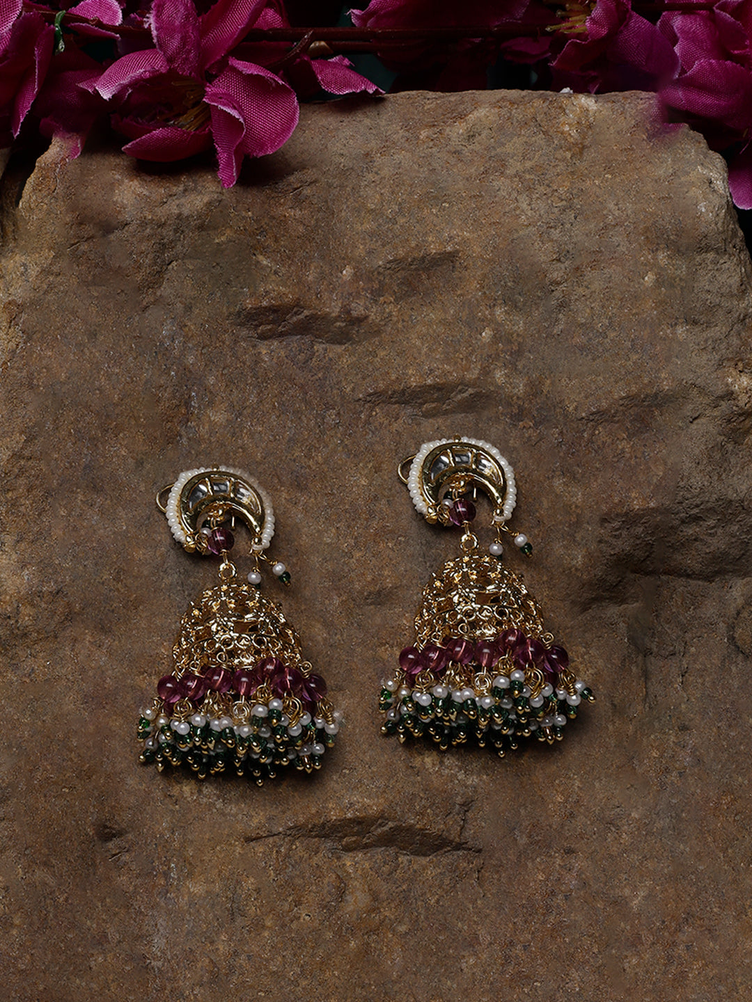 Pink and Green Pure Brass Jhumki from Dugristyle Ruhaniyat By Dugran
