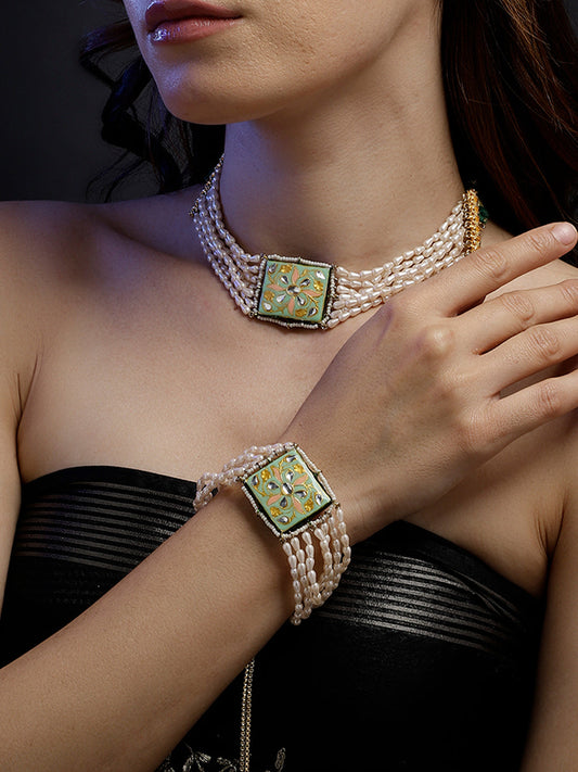 Peach and Green Meenakari bracelet with Pearl Layers from Dugristyle Ruhaniyat By Dugran