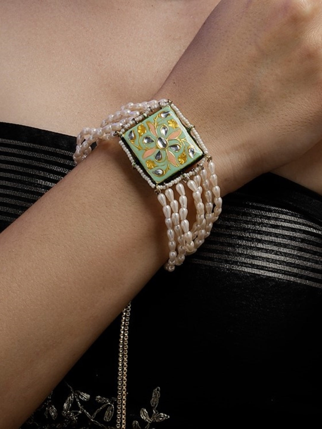 Peach and Green Meenakari bracelet with Pearl Layers from Dugristyle Ruhaniyat By Dugran