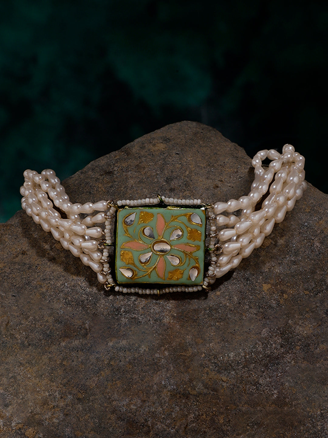 Peach and Green Meenakari bracelet with Pearl Layers from Dugristyle Ruhaniyat By Dugran