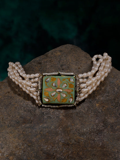 Peach and Green Meenakari bracelet with Pearl Layers from Dugristyle Ruhaniyat By Dugran