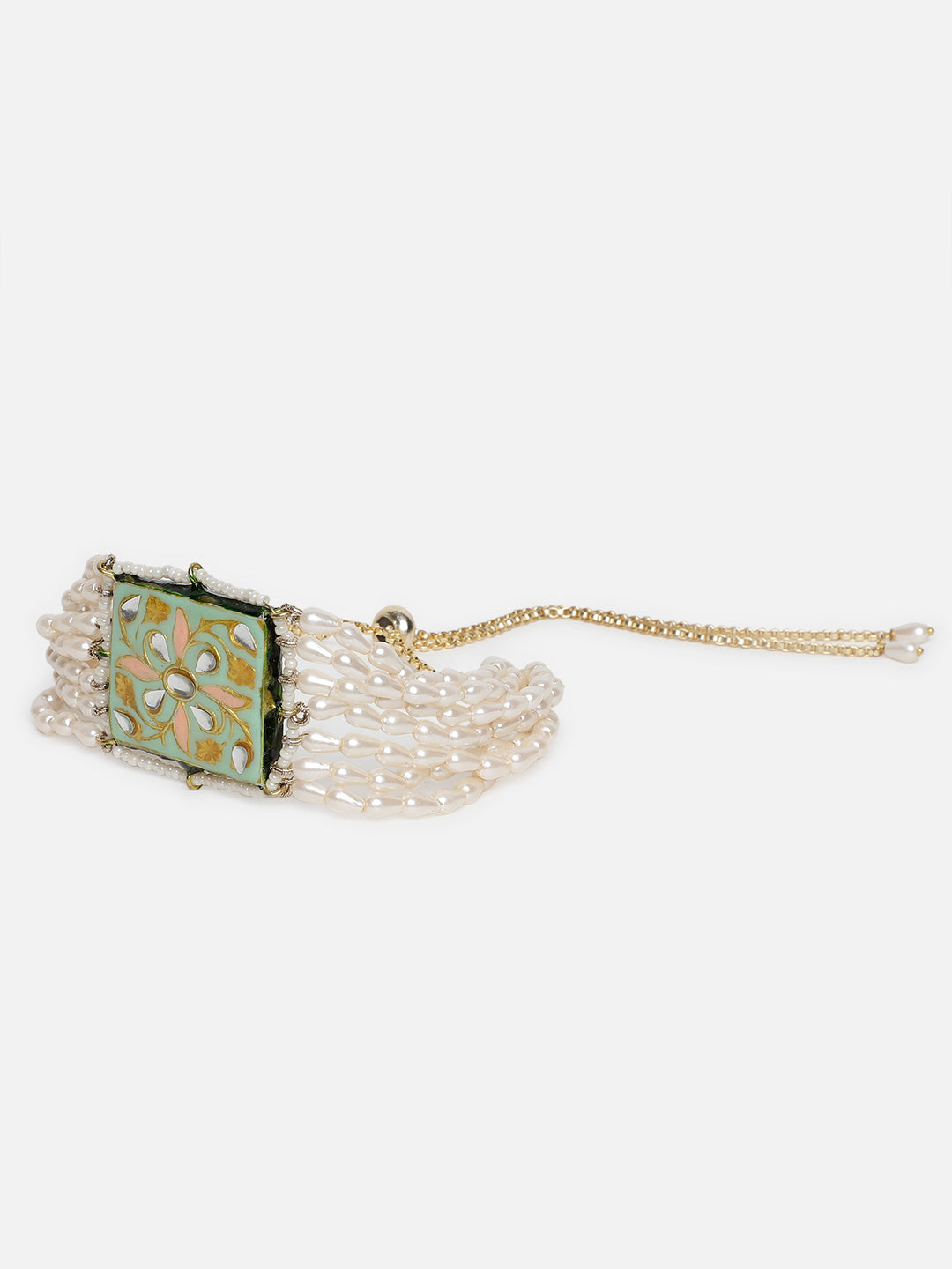 Peach and Green Meenakari bracelet with Pearl Layers from Dugristyle Ruhaniyat By Dugran