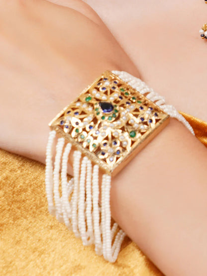 Peacock inspired Jadau bracelet with Pearl Layers