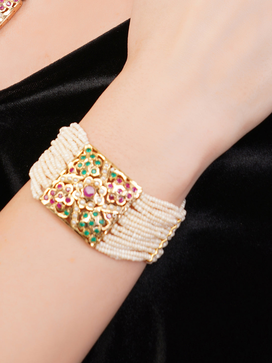 Red and Gold Jadau bracelet with Pearl Layers from Dugristyle Ruhaniyat By Dugran
