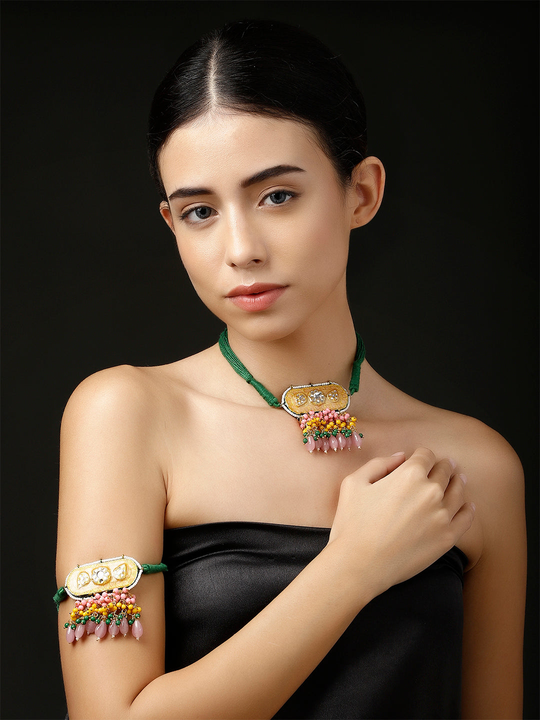 Green and Pink Meenakari Bajuband with adjustable Dori from Dugristyle Ruhaniyat By Dugran