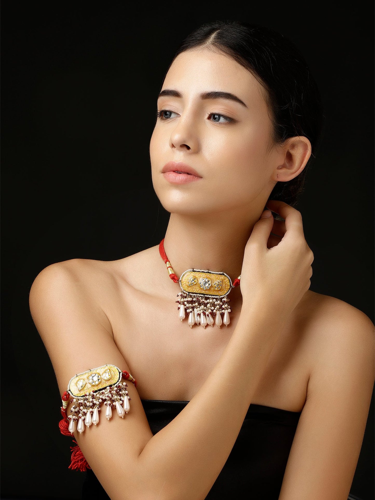 Red and Peach Meenakari Bajuband with adjustable Dori from Dugristyle Ruhaniyat By Dugran