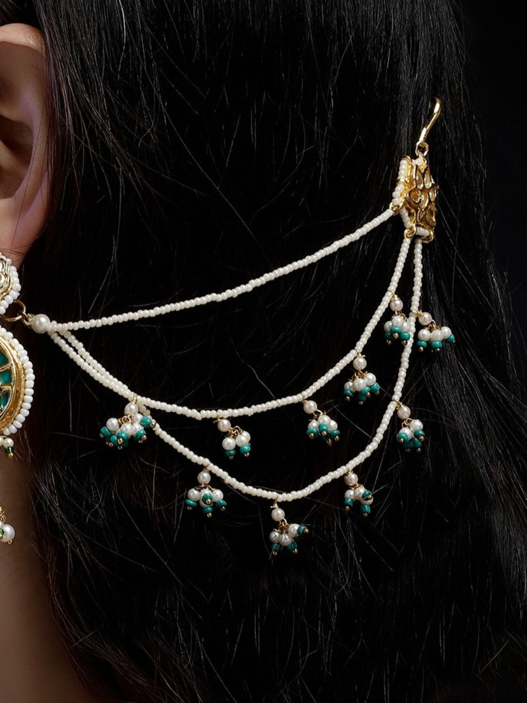 Blue and Gold Kundan  Kanchain with Multilayer Pearl Strings from Dugristyle Ruhaniyat By Dugran