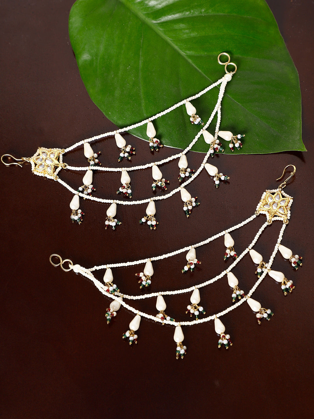 Red and Green Kundan  Kanchain with Multilayer Pearl Strings from Dugristyle Ruhaniyat By Dugran
