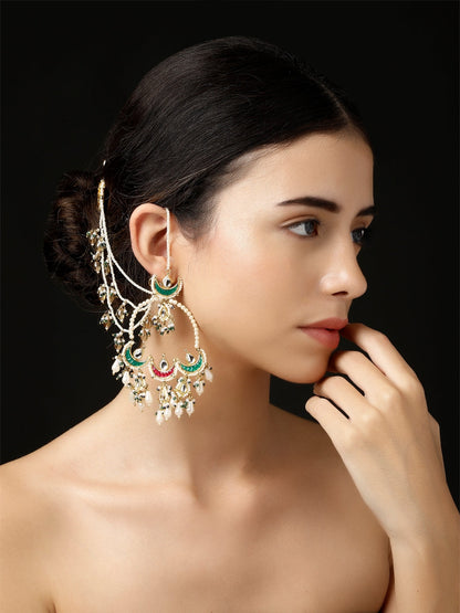 Peach and Green Kundan  Kanchain with Multilayer Pearl Strings from Dugristyle Ruhaniyat By Dugran